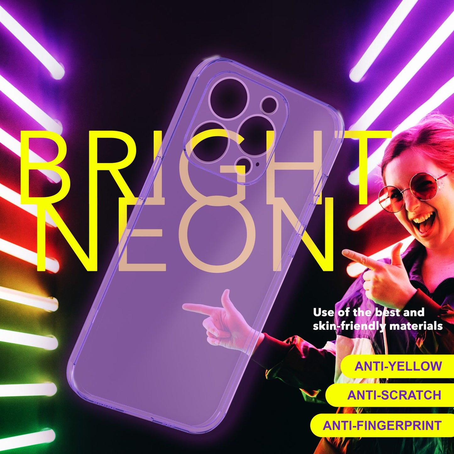 Neon gegnsætt hulstur fyrir iPhone 15 Pro Max, litríkt, lýsandi sílikon TPU símahulstur