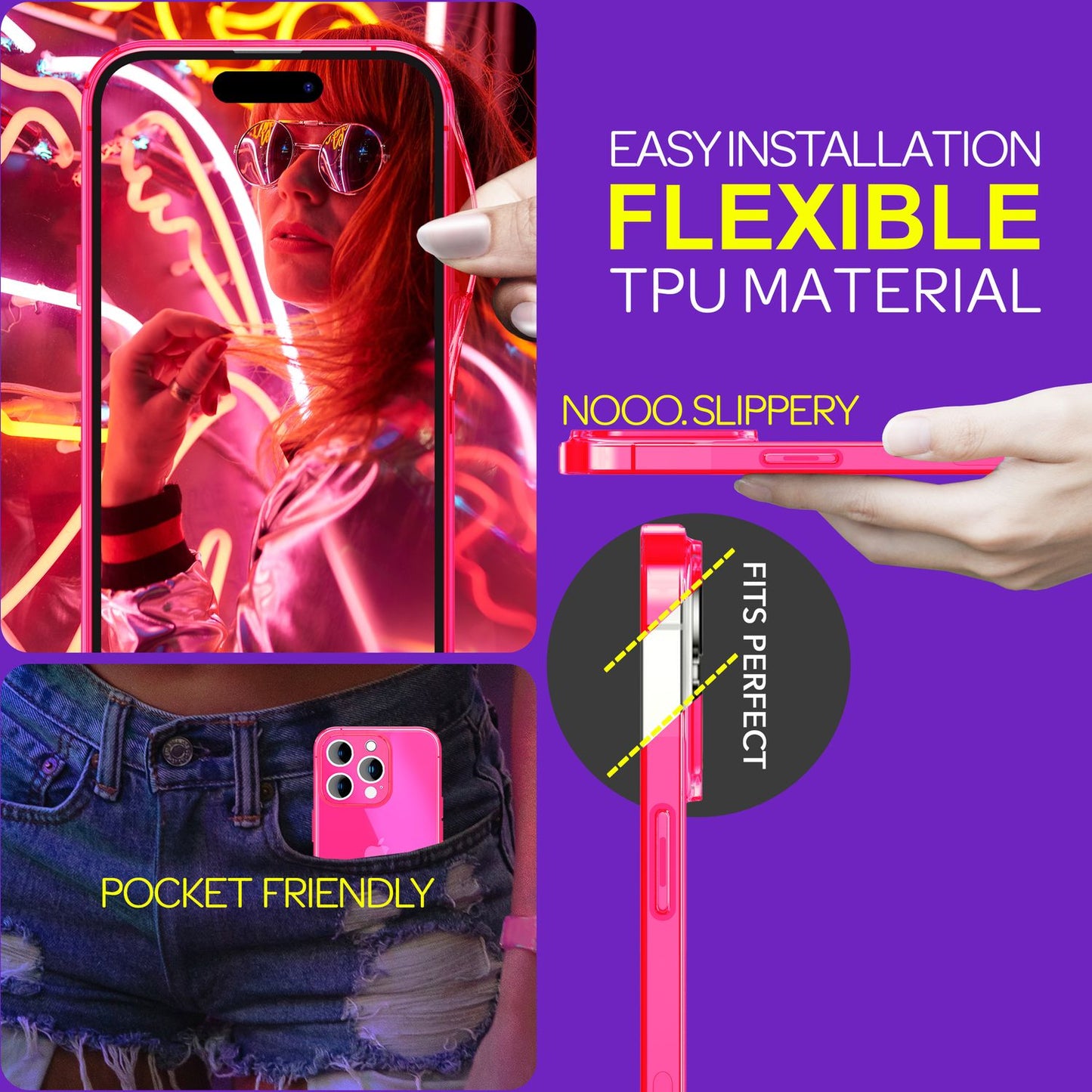 Neon gegnsætt hulstur fyrir iPhone 15 Pro Max, litríkt, lýsandi sílikon TPU símahulstur
