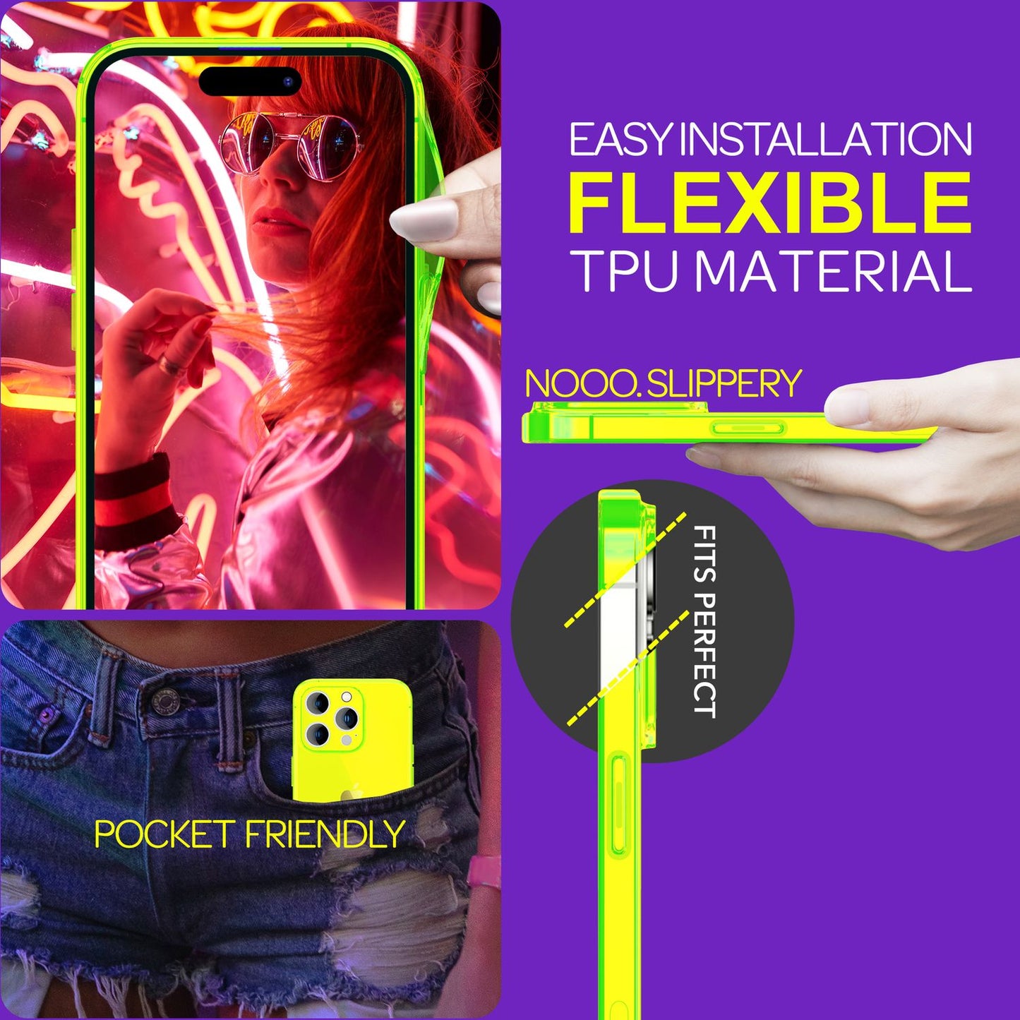 Neon gegnsætt hulstur fyrir iPhone 15 Pro Max, litríkt, lýsandi sílikon TPU símahulstur