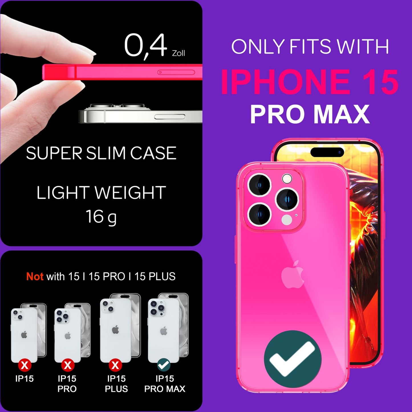 Neon gegnsætt hulstur fyrir iPhone 15 Pro Max, litríkt, lýsandi sílikon TPU símahulstur