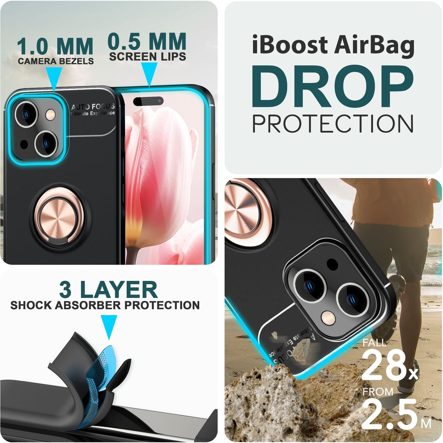 Hulstur með hring fyrir iPhone 15, sílikon símahulstur, matt hulstur, hlífðarhulstur, hringhulstur