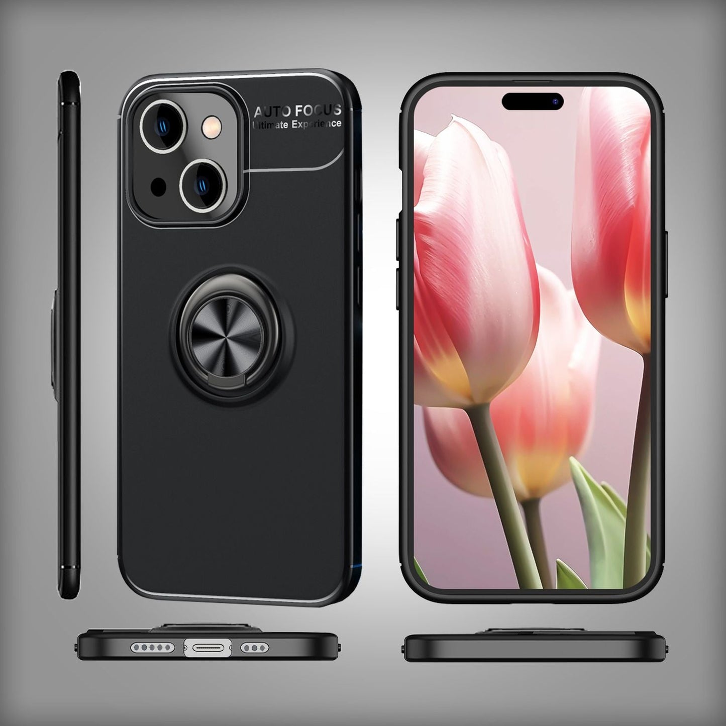 Hulstur með hring fyrir iPhone 15, sílikon símahulstur, matt hulstur, hlífðarhulstur, hringhulstur