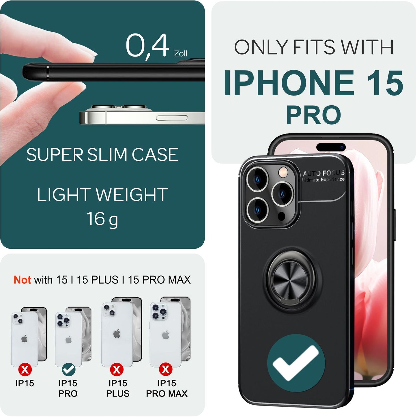 Case with ring for iPhone 15 Pro, silicone phone case, protective cover, ring case