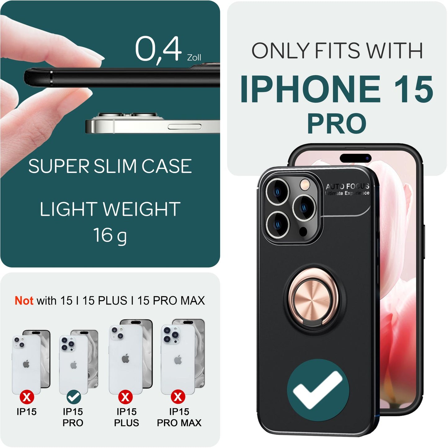 Case with ring for iPhone 15 Pro, silicone phone case, protective cover, ring case
