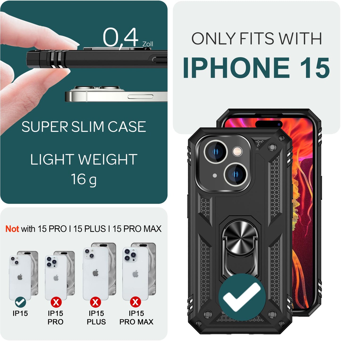 Heavy-duty case with ring for iPhone 15, outdoor hard case, extreme protection