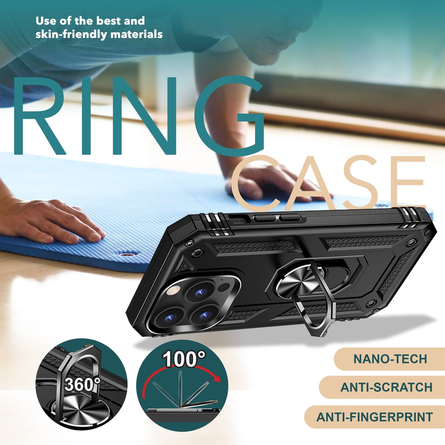 Brynjað hulstur með hring fyrir iPhone 15 Pro Max, símahulstur fyrir úti, hart verndandi hulstur