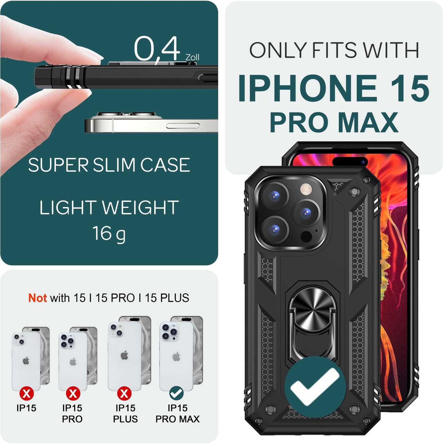 Brynjað hulstur með hring fyrir iPhone 15 Pro Max, símahulstur fyrir úti, hart verndandi hulstur