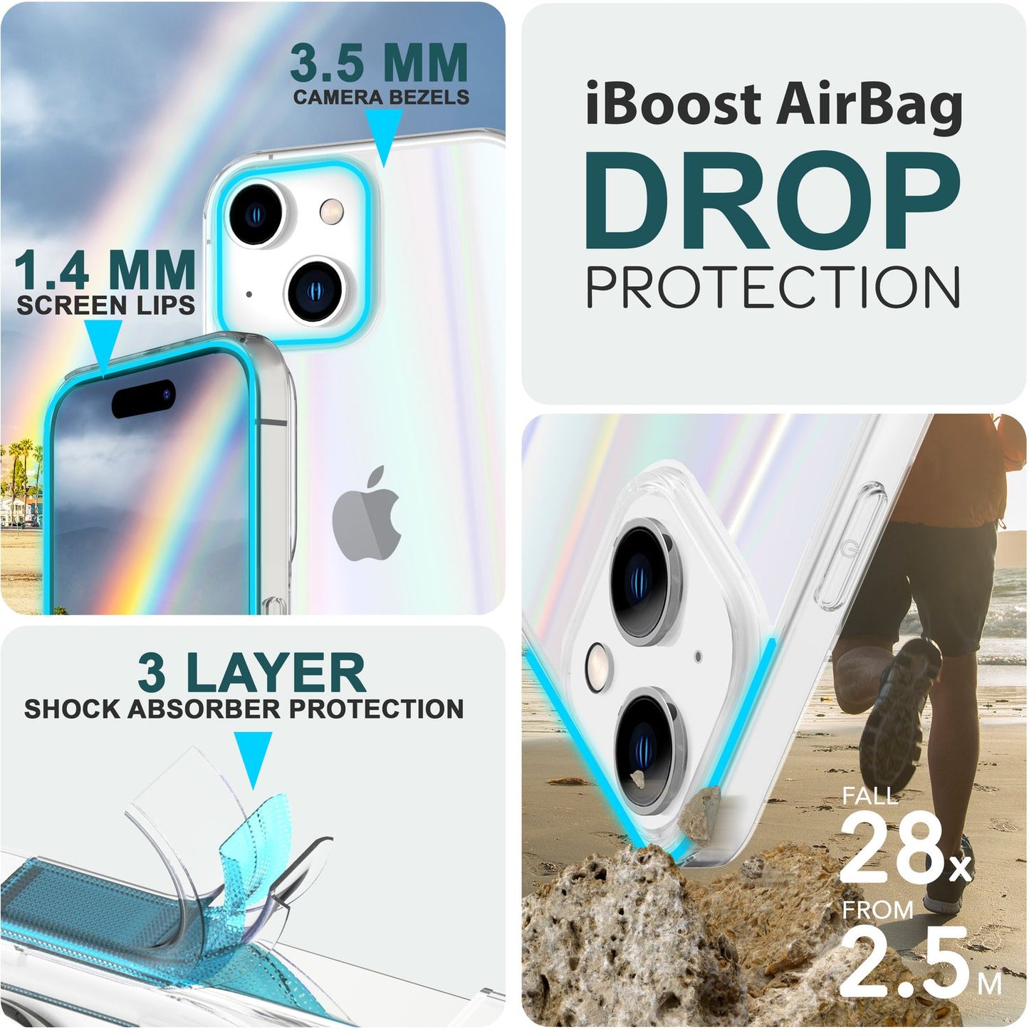 Glerhulstur fyrir iPhone 15 Plus, regnbogasímahulstur, gegnsætt verndandi hart hulstur