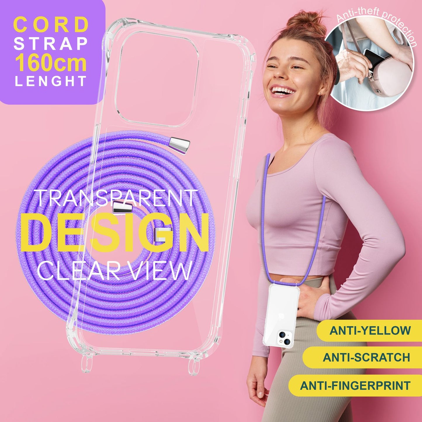 Hulstur með ól fyrir iPhone 15 Plus, símahulstur, crossbody símahulstur með keðju og snúru