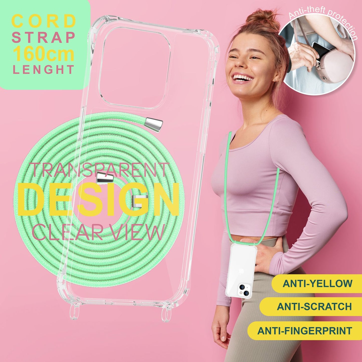 Hulstur með ól fyrir iPhone 15 Plus, símahulstur, crossbody símahulstur með keðju og snúru