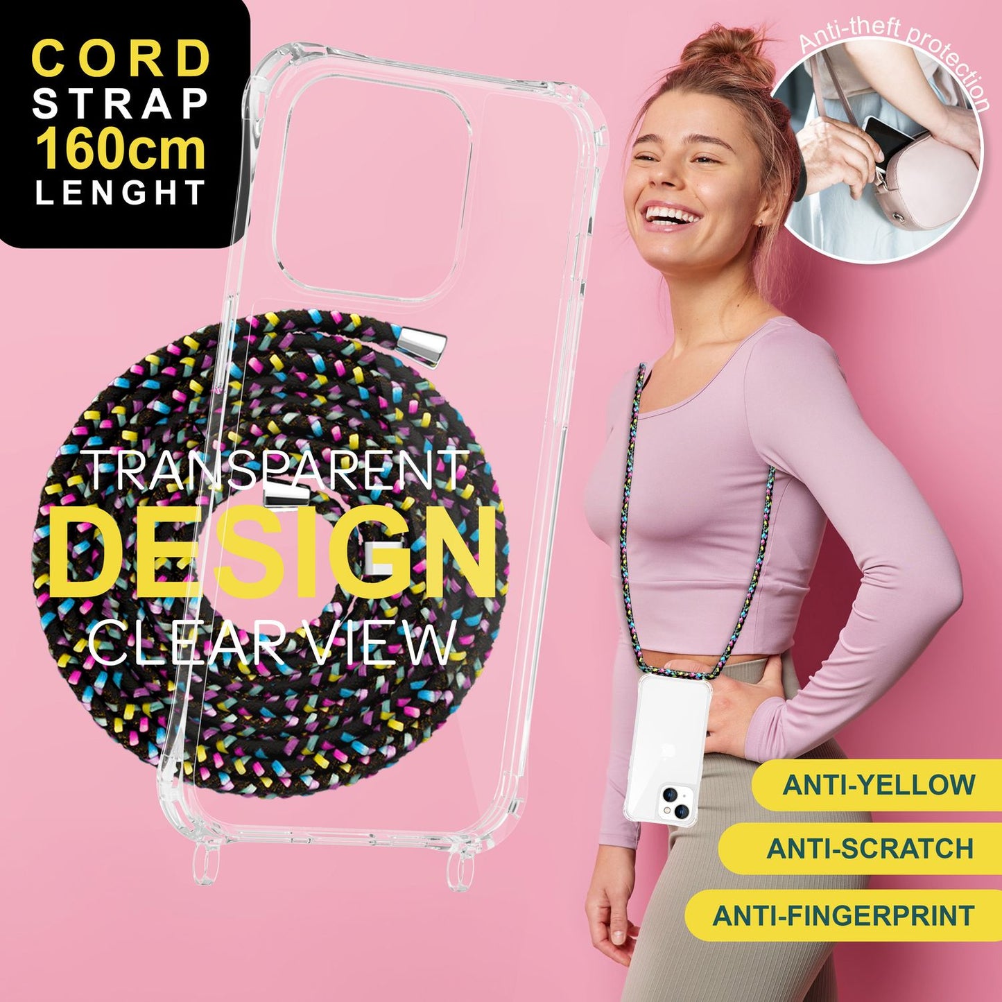 Hulstur með ól fyrir iPhone 15 Plus, símahulstur, crossbody símahulstur með keðju og snúru