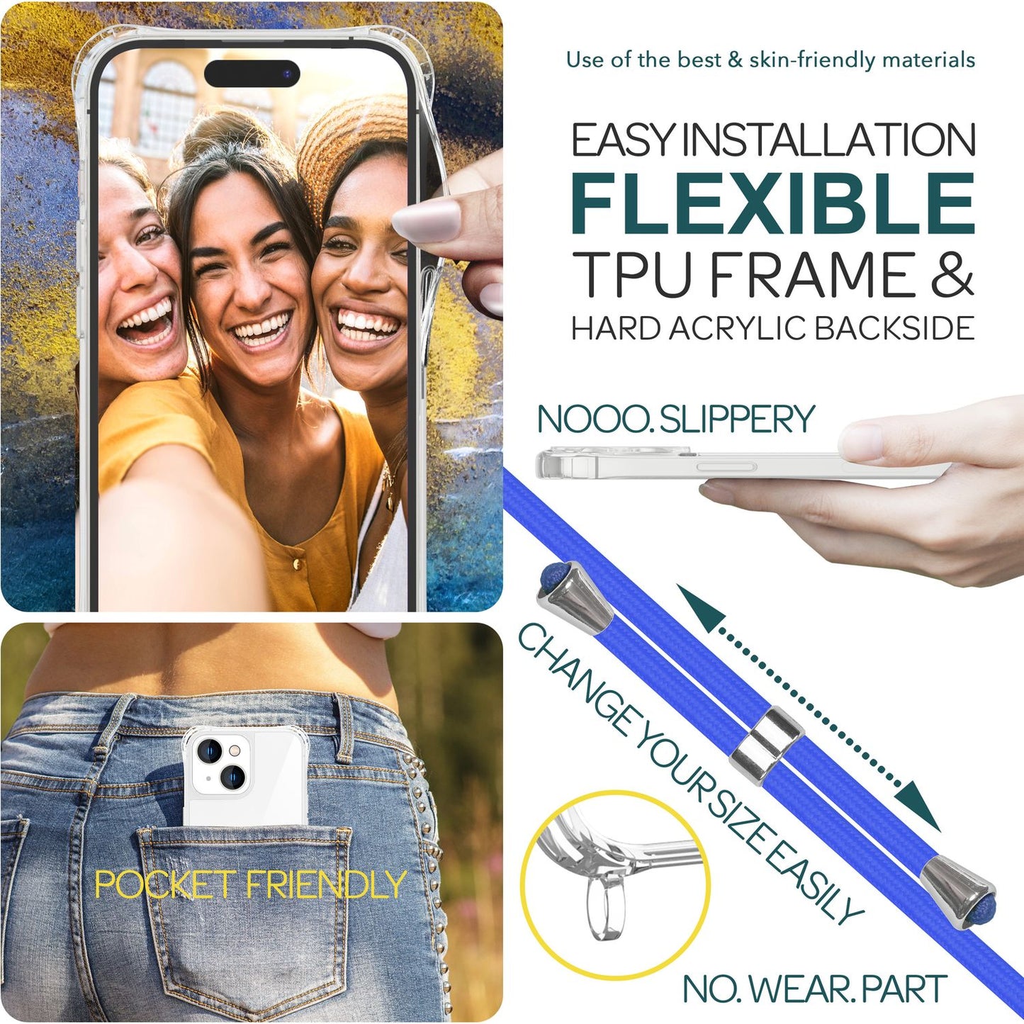 Hulstur með ól fyrir iPhone 15 Plus, símahulstur, crossbody símahulstur með keðju og snúru