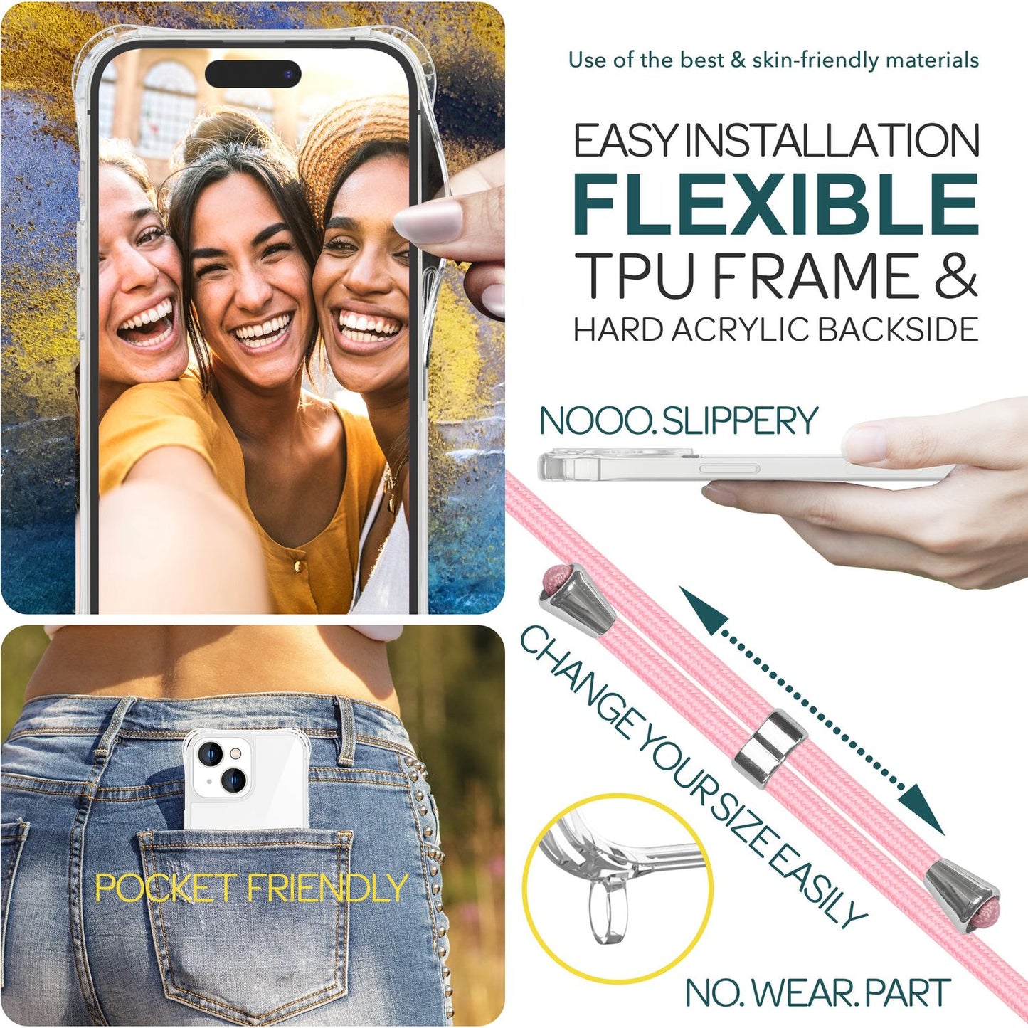 Hulstur með ól fyrir iPhone 15 Plus, símahulstur, crossbody símahulstur með keðju og snúru