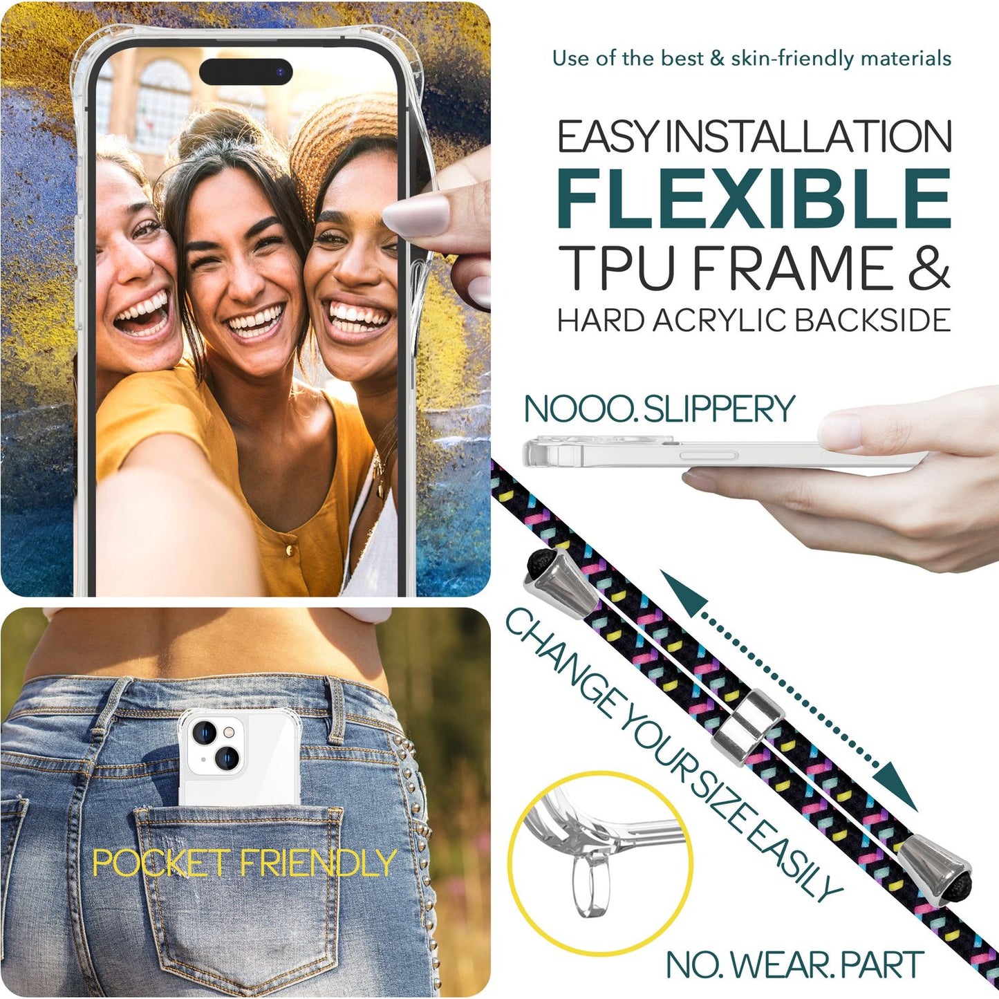 Hulstur með ól fyrir iPhone 15 Plus, símahulstur, crossbody símahulstur með keðju og snúru