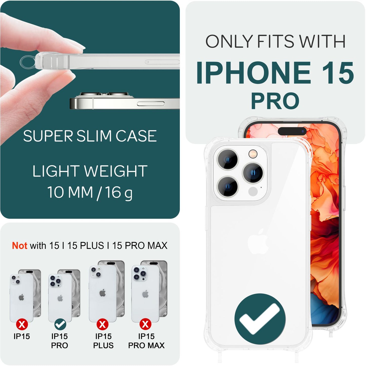 Hulstur með ól fyrir iPhone 15 Pro, öxlhulstur fyrir síma, símakeðja, snúra, reipi