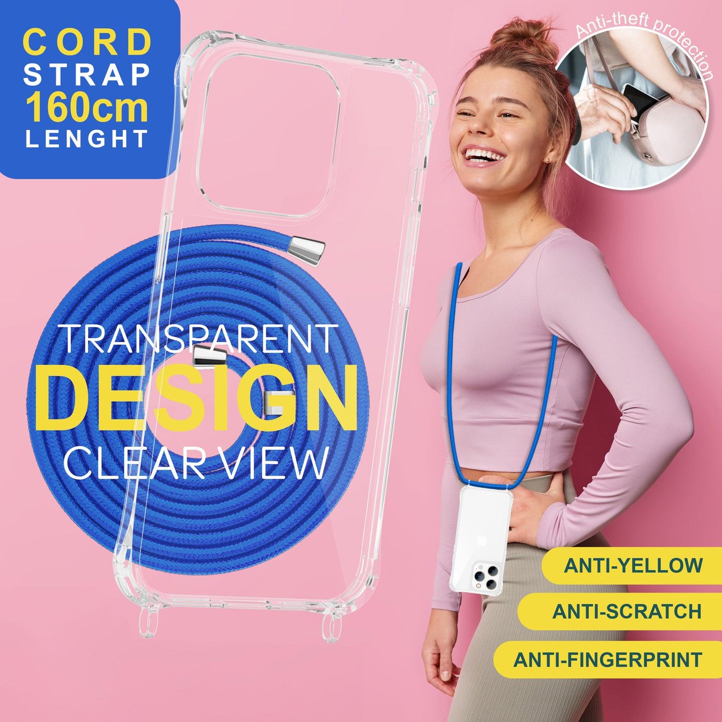 Hulstur með ól fyrir iPhone 15 Pro, öxlhulstur fyrir síma, símakeðja, snúra, reipi