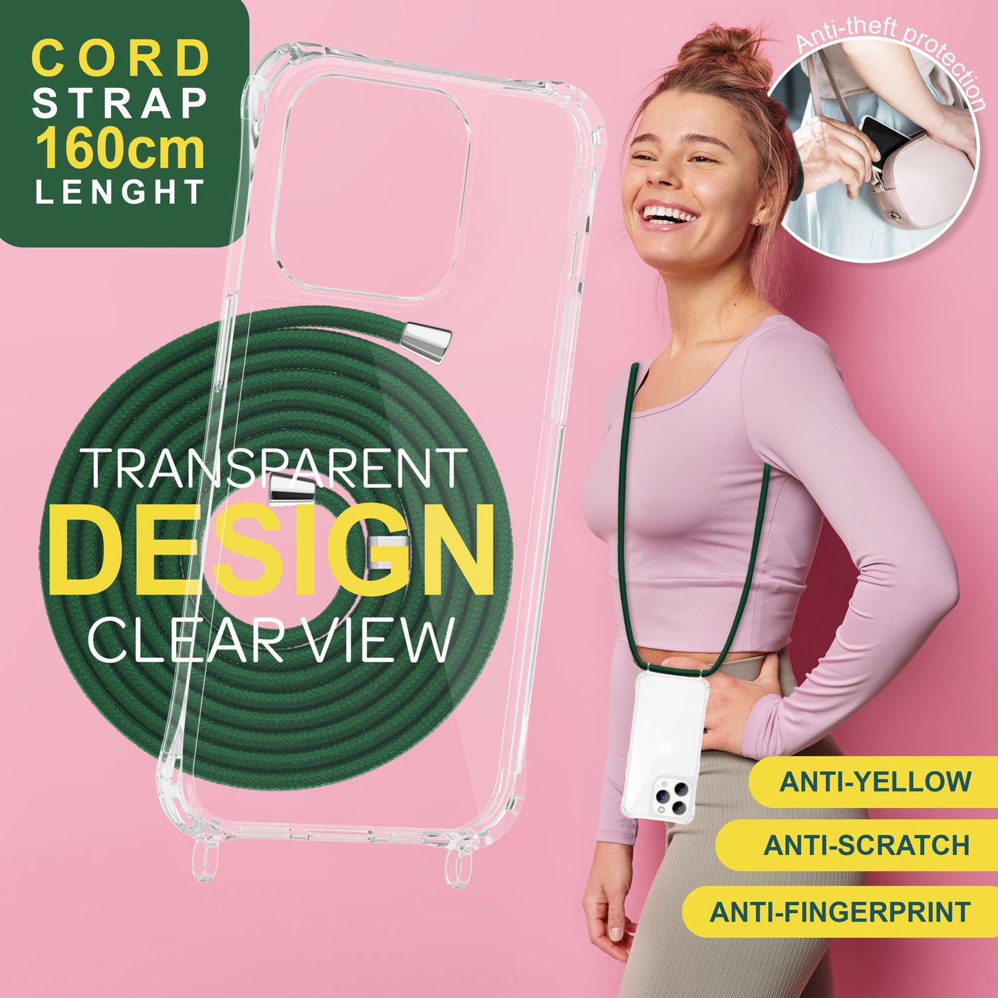 Hulstur með ól fyrir iPhone 15 Pro, öxlhulstur fyrir síma, símakeðja, snúra, reipi