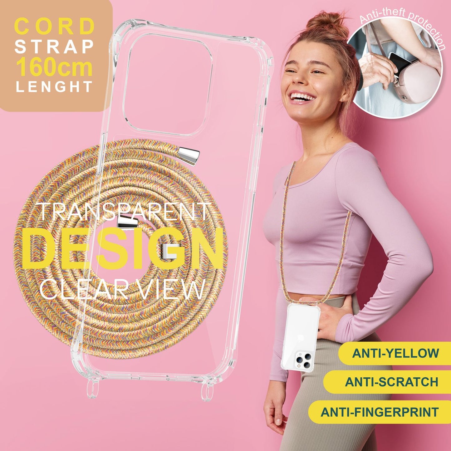 Hulstur með ól fyrir iPhone 15 Pro, öxlhulstur fyrir síma, símakeðja, snúra, reipi