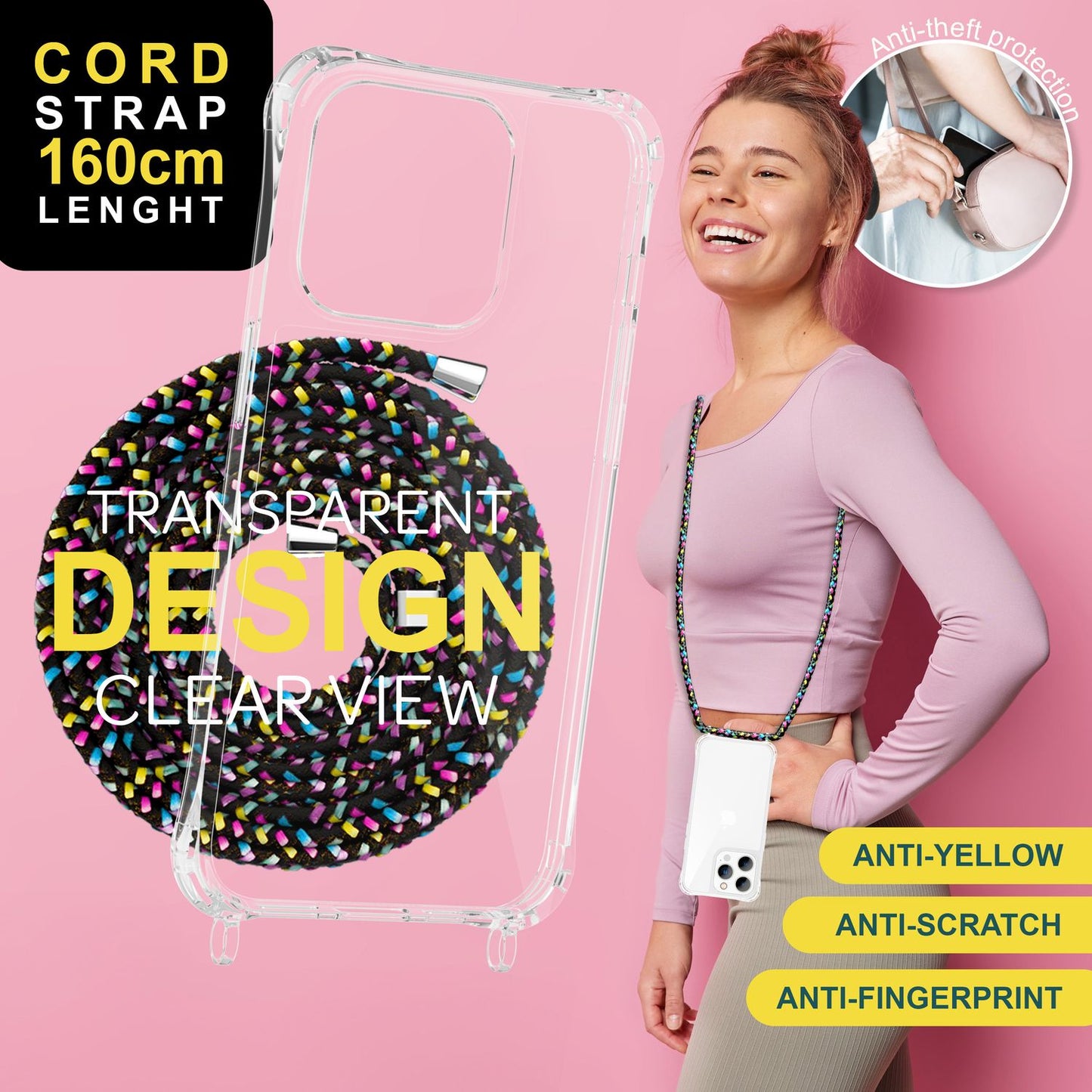 Hulstur með ól fyrir iPhone 15 Pro, öxlhulstur fyrir síma, símakeðja, snúra, reipi