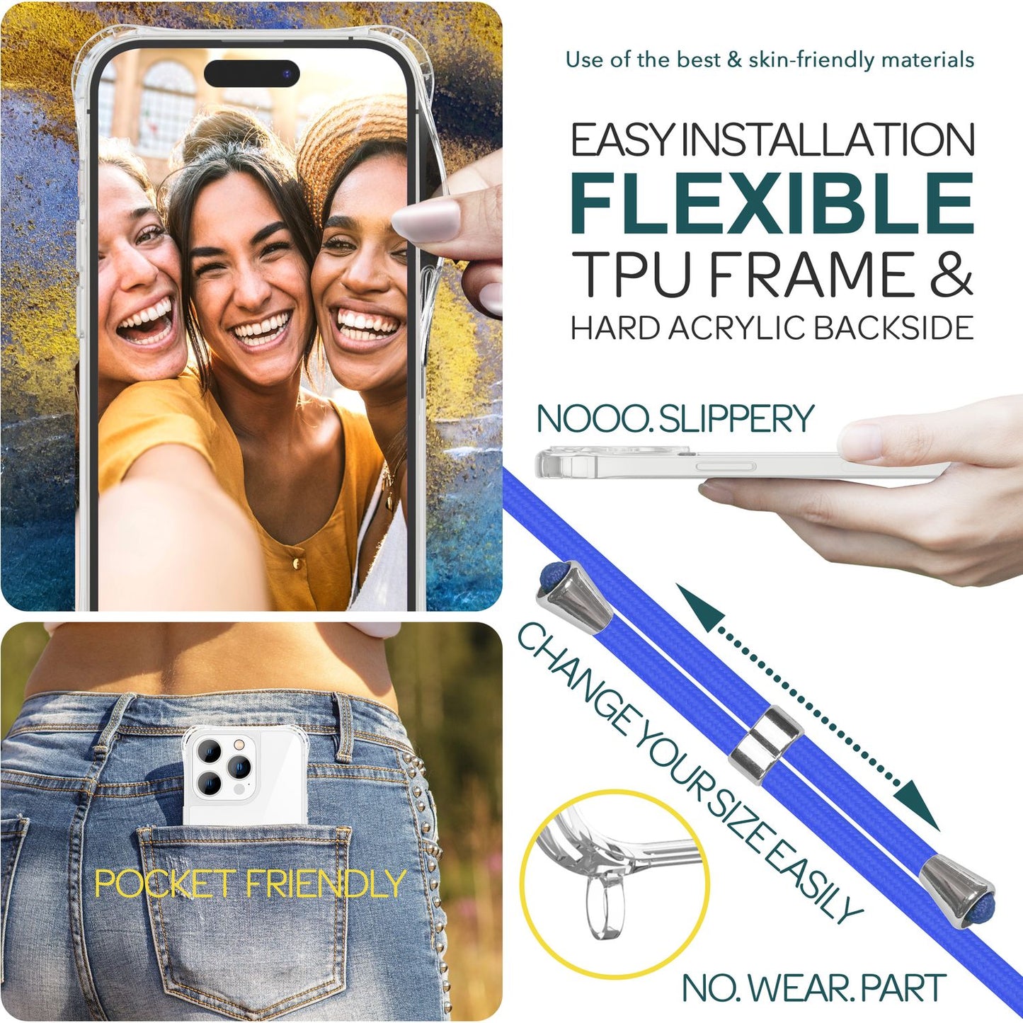 Hulstur með ól fyrir iPhone 15 Pro, öxlhulstur fyrir síma, símakeðja, snúra, reipi