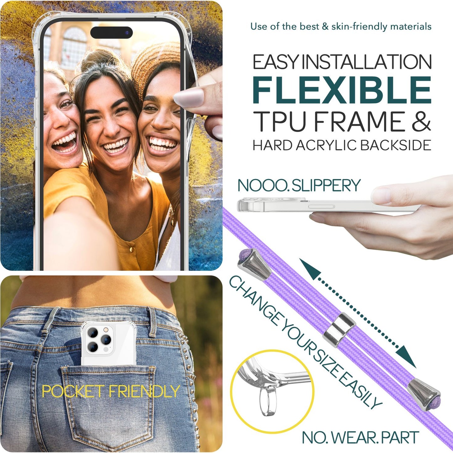 Hulstur með ól fyrir iPhone 15 Pro, öxlhulstur fyrir síma, símakeðja, snúra, reipi