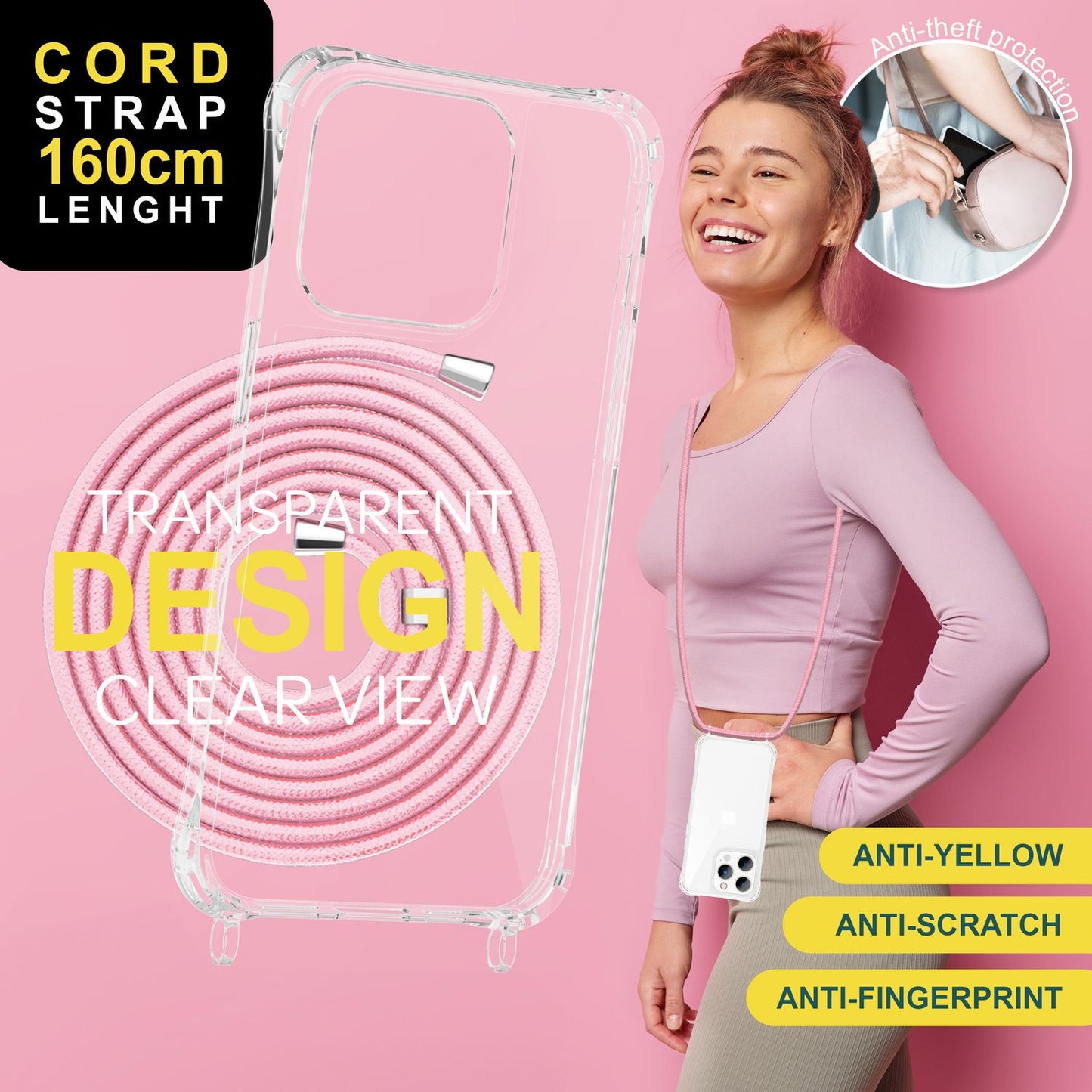 Case with strap for iPhone 15 Pro Max, crossbody phone case with chain, cord