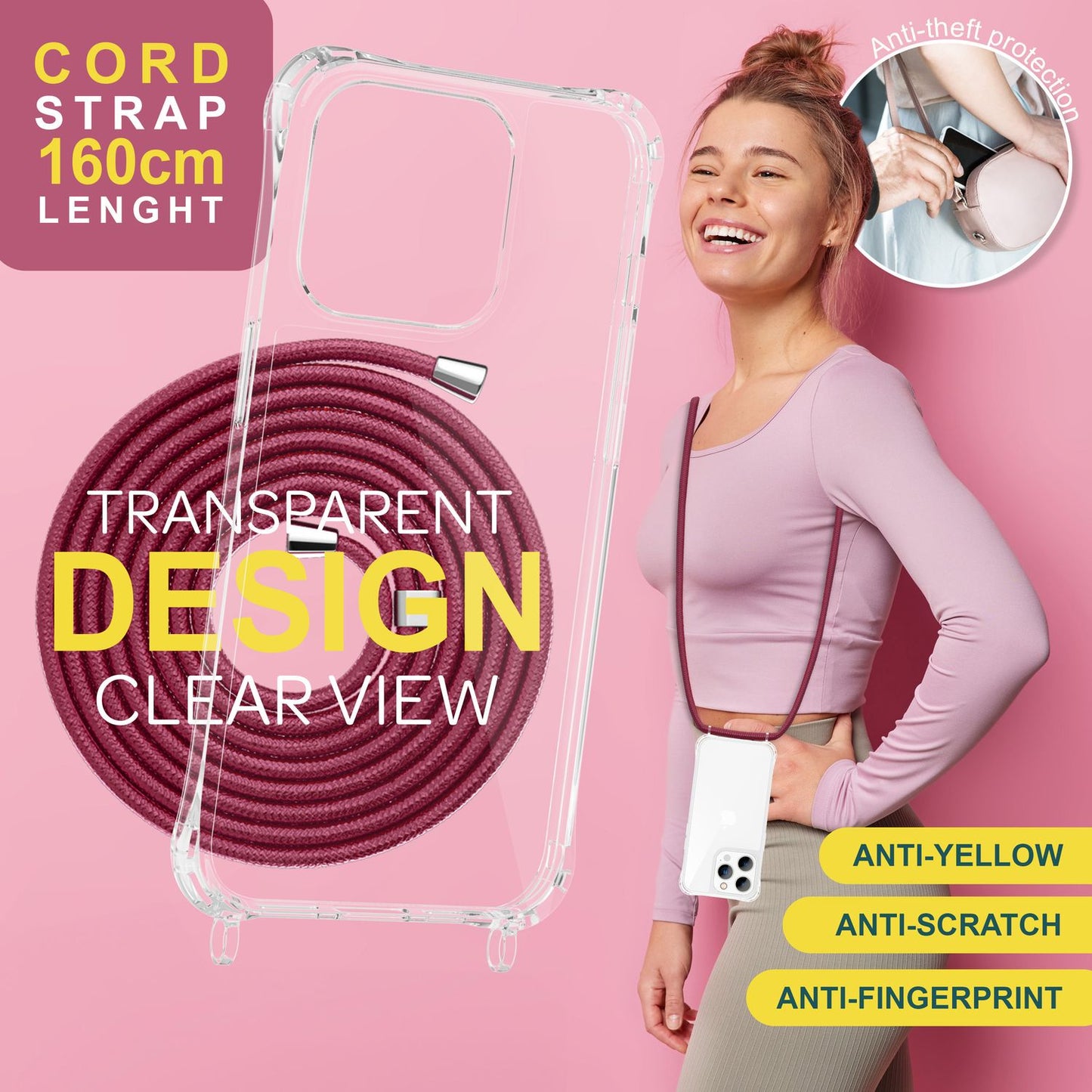 Case with strap for iPhone 15 Pro Max, crossbody phone case with chain, cord