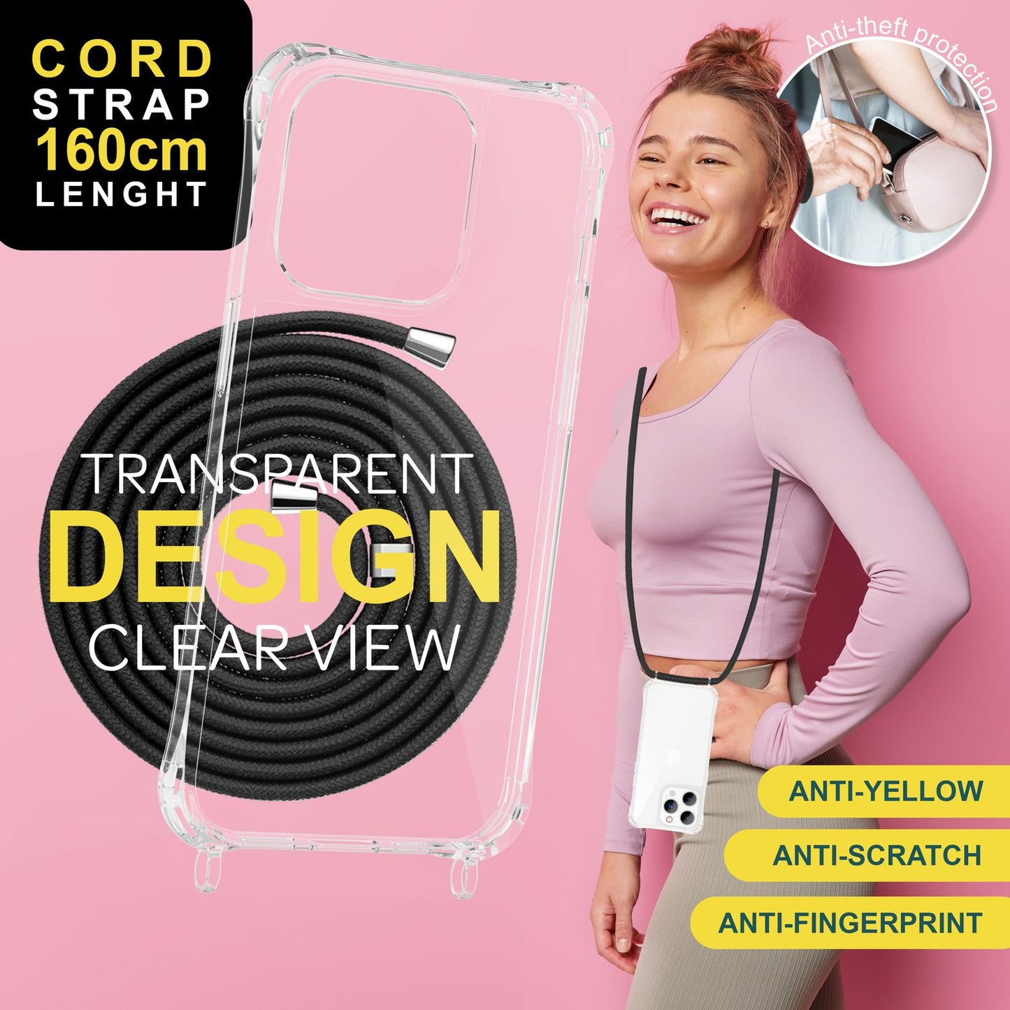 Case with strap for iPhone 15 Pro Max, crossbody phone case with chain, cord