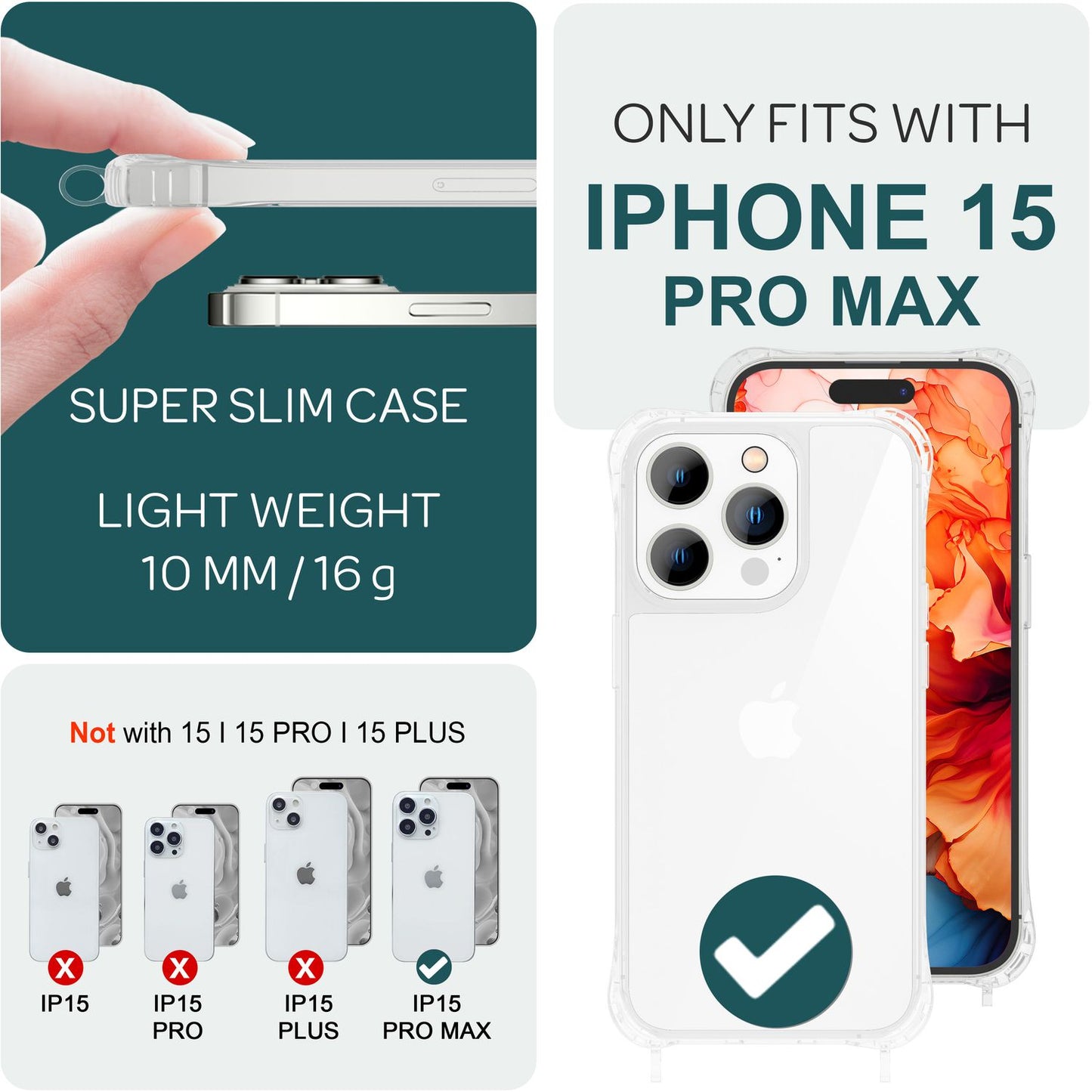 Case with strap for iPhone 15 Pro Max, crossbody phone case with chain, cord