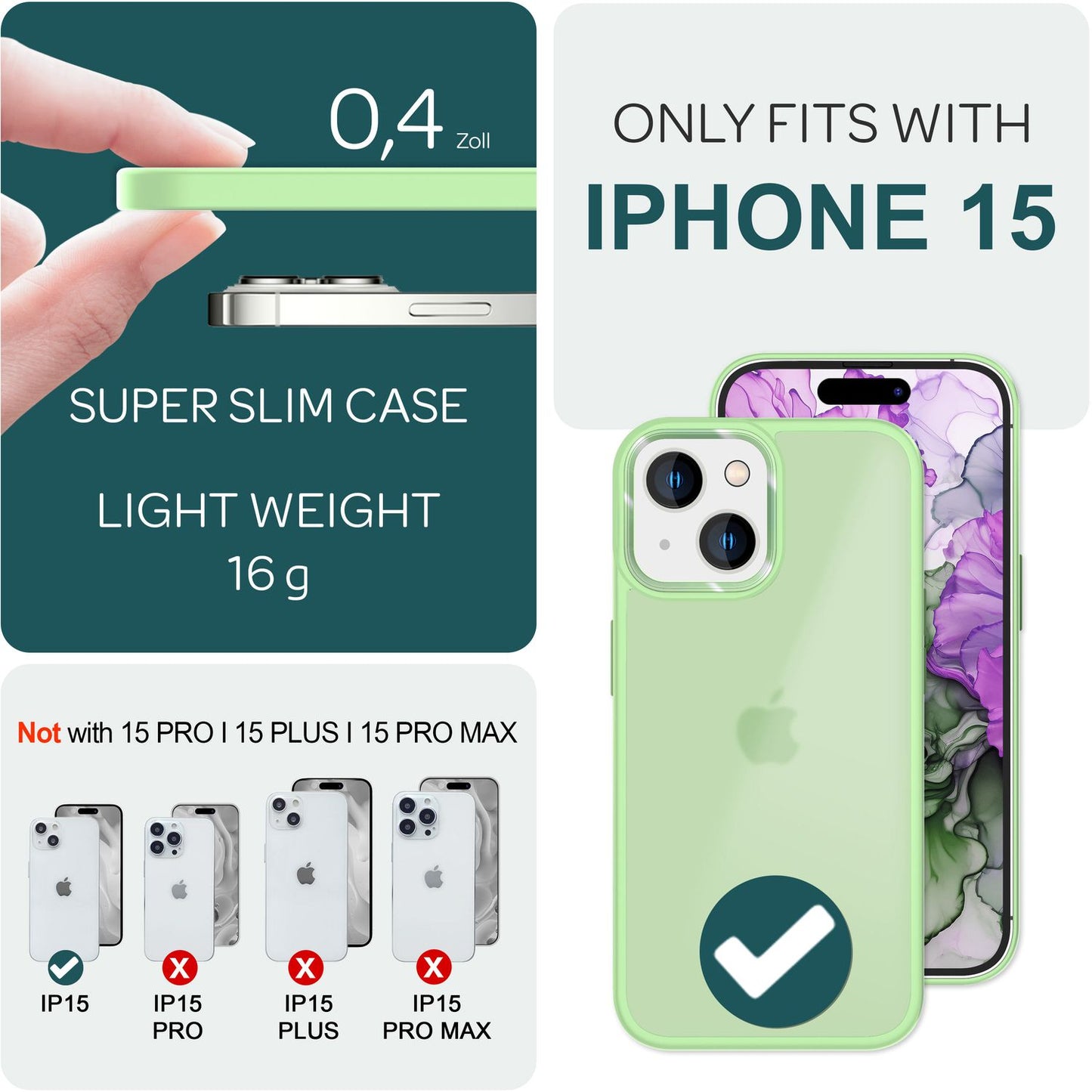 Hybrid hulstur fyrir iPhone 15, Frosted hulstur, Símahulstur með hlífðarbrún, Hlífðarhulstur, Poki