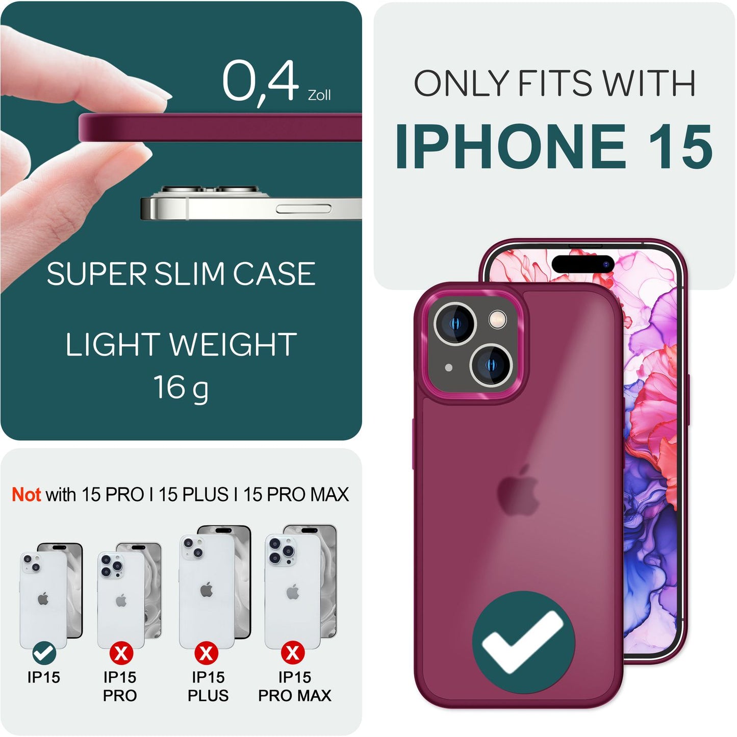 Hybrid hulstur fyrir iPhone 15, Frosted hulstur, Símahulstur með hlífðarbrún, Hlífðarhulstur, Poki