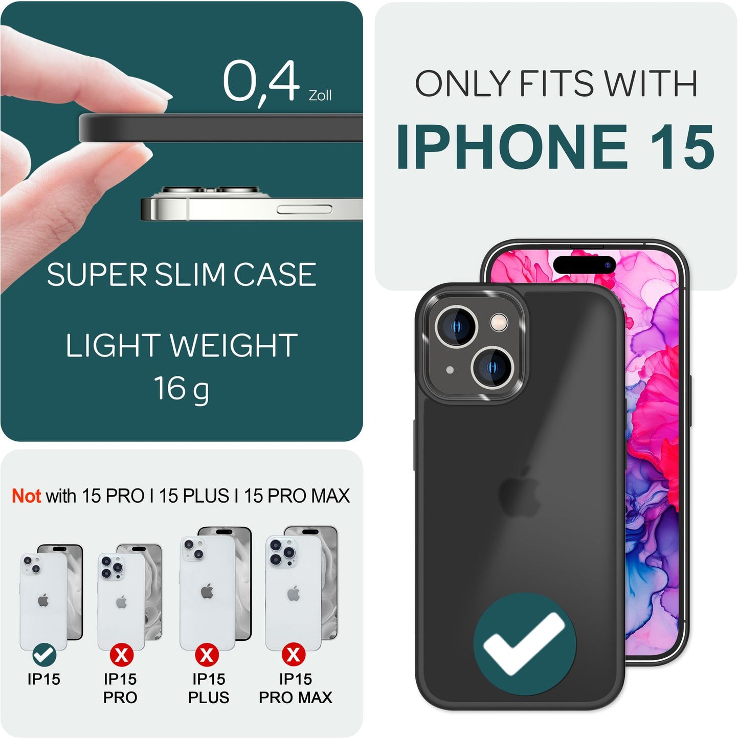 Hybrid hulstur fyrir iPhone 15, Frosted hulstur, Símahulstur með hlífðarbrún, Hlífðarhulstur, Poki