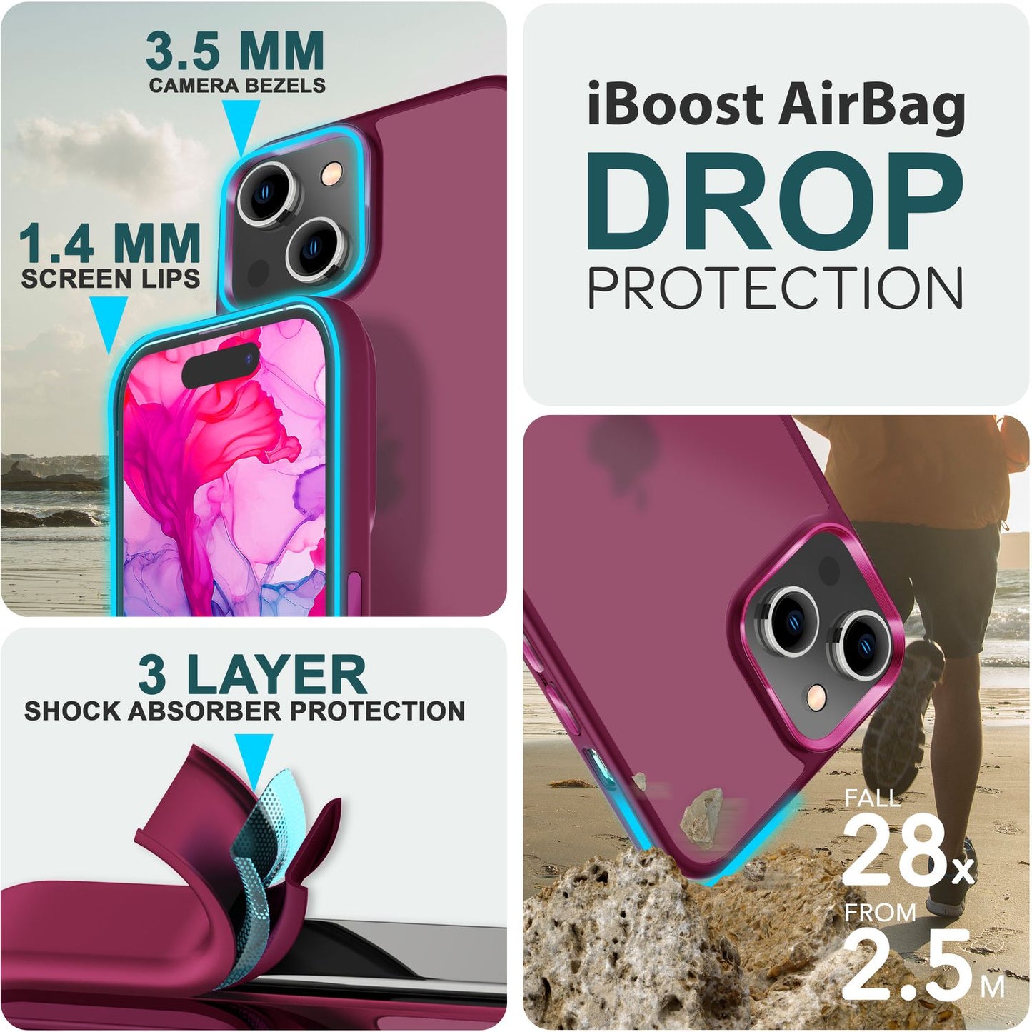 Hybrid hulstur fyrir iPhone 15, Frosted hulstur, Símahulstur með hlífðarbrún, Hlífðarhulstur, Poki