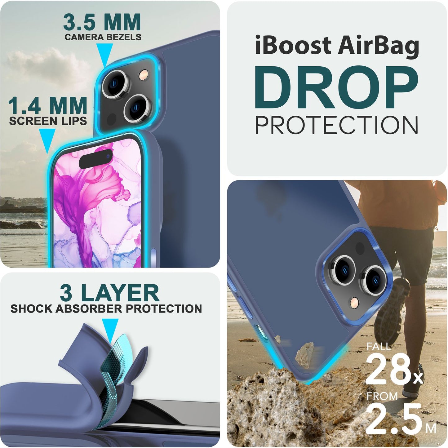 Hybrid hulstur fyrir iPhone 15 Plus, matt hulstur, verndarbrún, símahulstur, símapoki