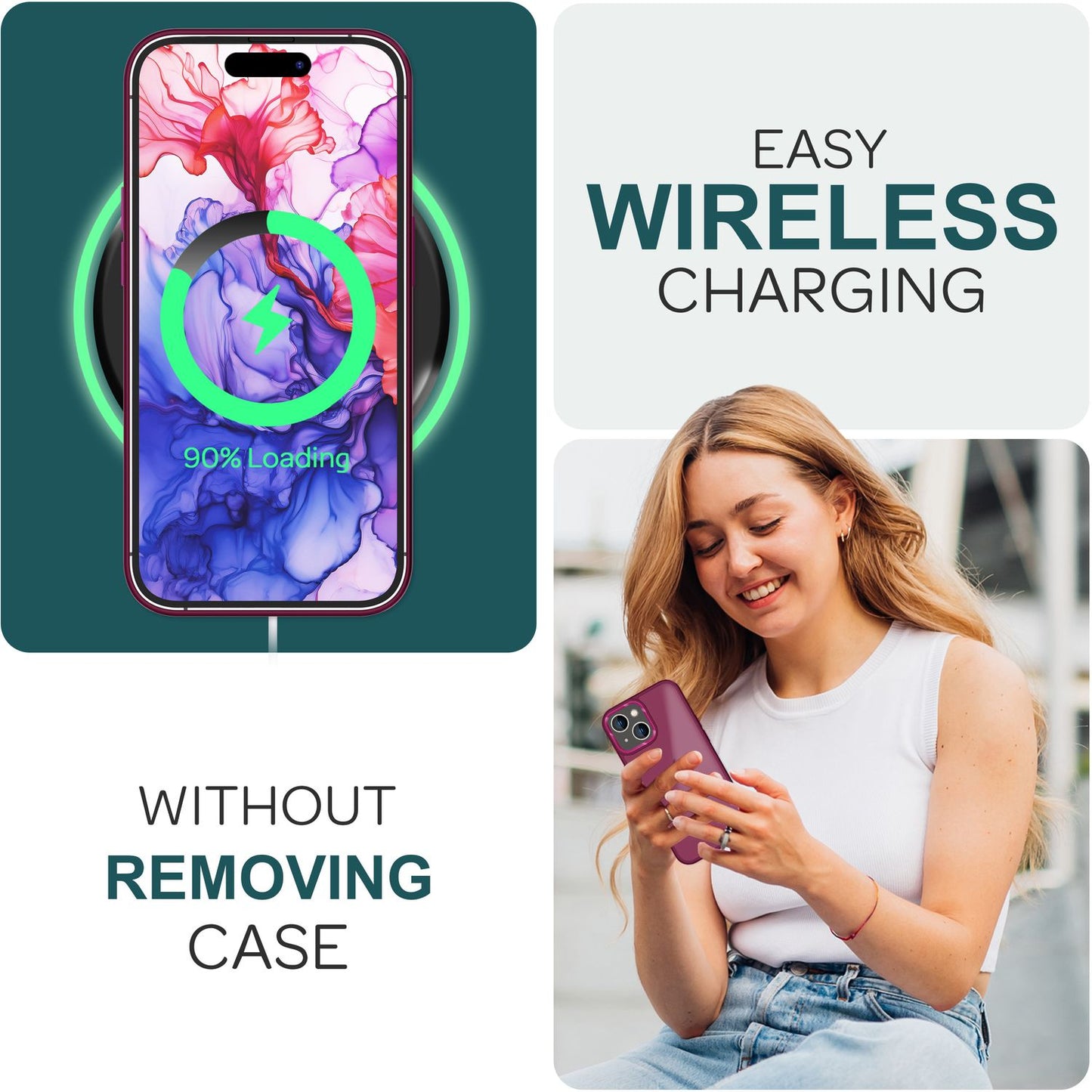 Hybrid hulstur fyrir iPhone 15 Plus, matt hulstur, verndarbrún, símahulstur, símapoki