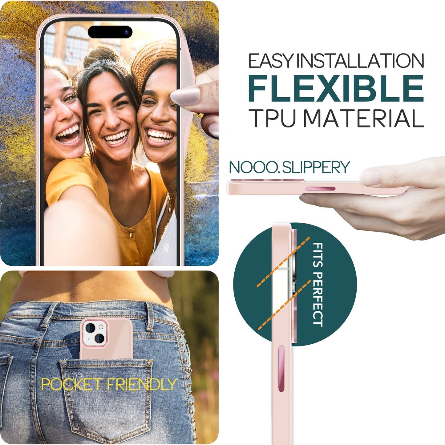 Hybrid hulstur fyrir iPhone 15 Plus, matt hulstur, verndarbrún, símahulstur, símapoki