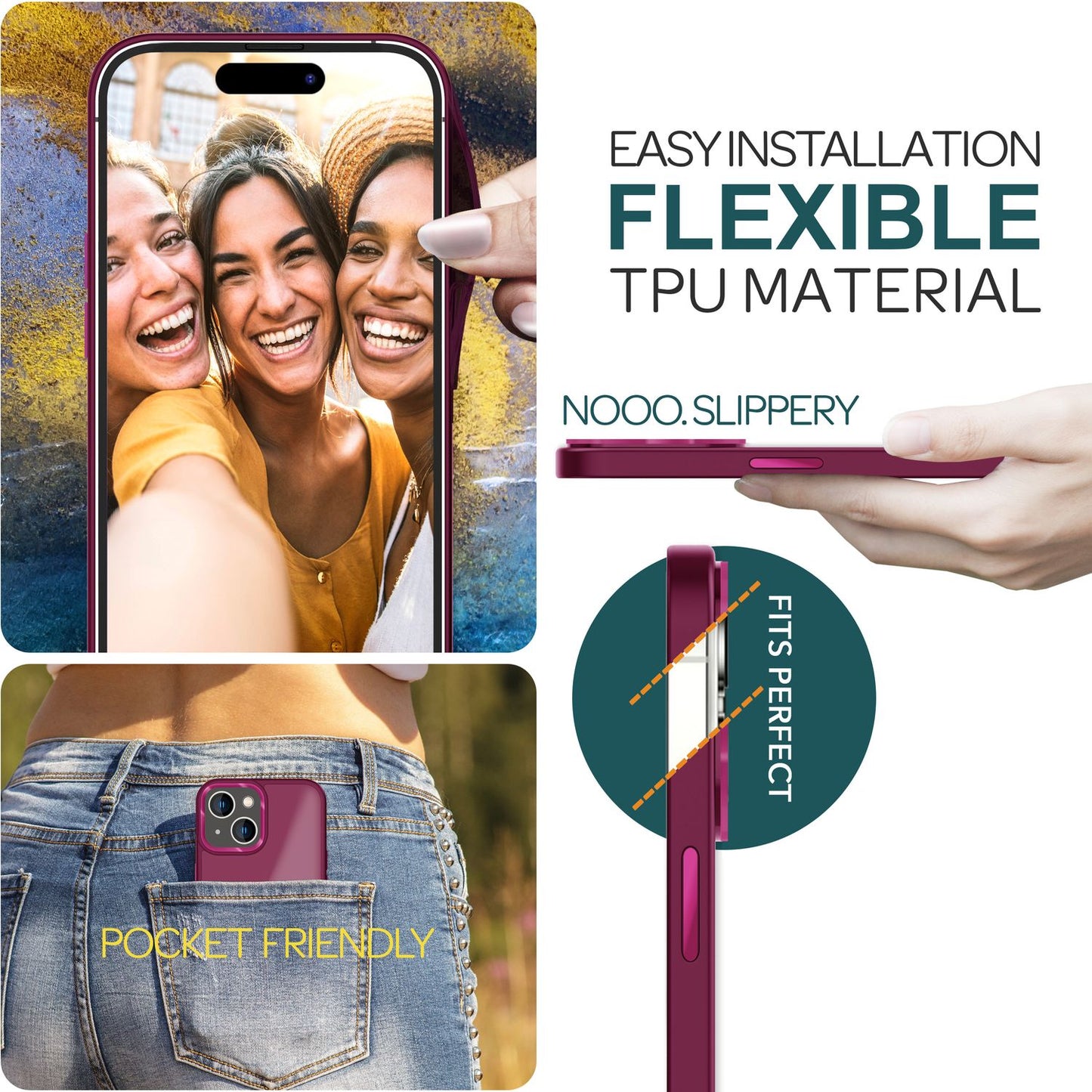 Hybrid hulstur fyrir iPhone 15 Plus, matt hulstur, verndarbrún, símahulstur, símapoki