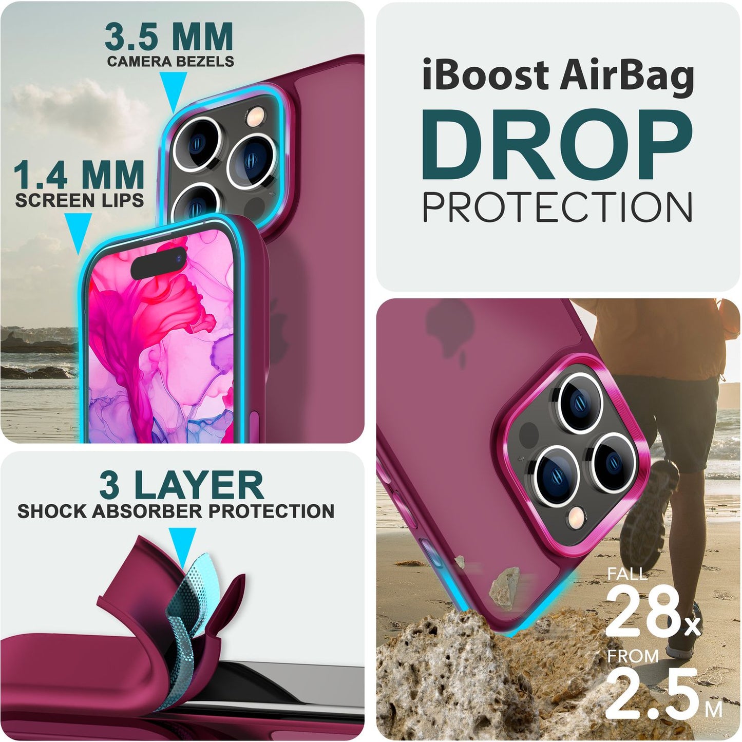 Hybrid hulstur fyrir iPhone 15 Pro, frostað hulstur, verndarbrún, símahulstur, símahulstur