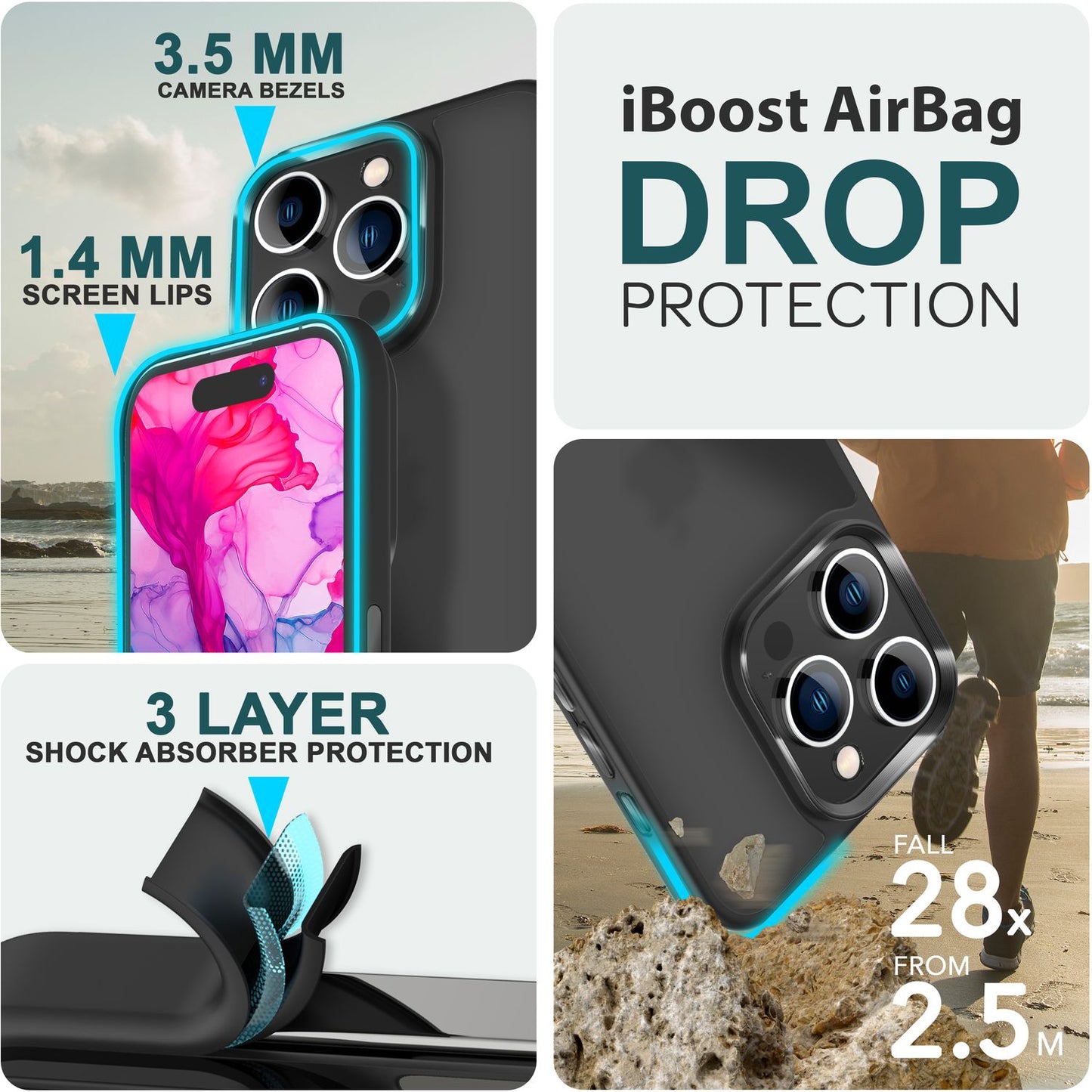 Hybrid hulstur fyrir iPhone 15 Pro, frostað hulstur, verndarbrún, símahulstur, símahulstur