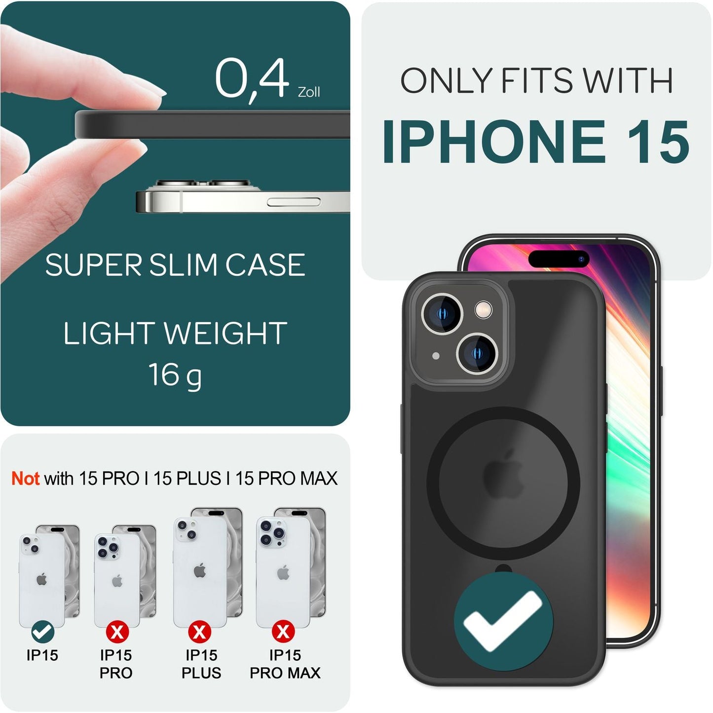 MagSafe Hybrid hulstur fyrir iPhone 15, hörð hulstur með frosti og verndarbrún, símahulstur með poka