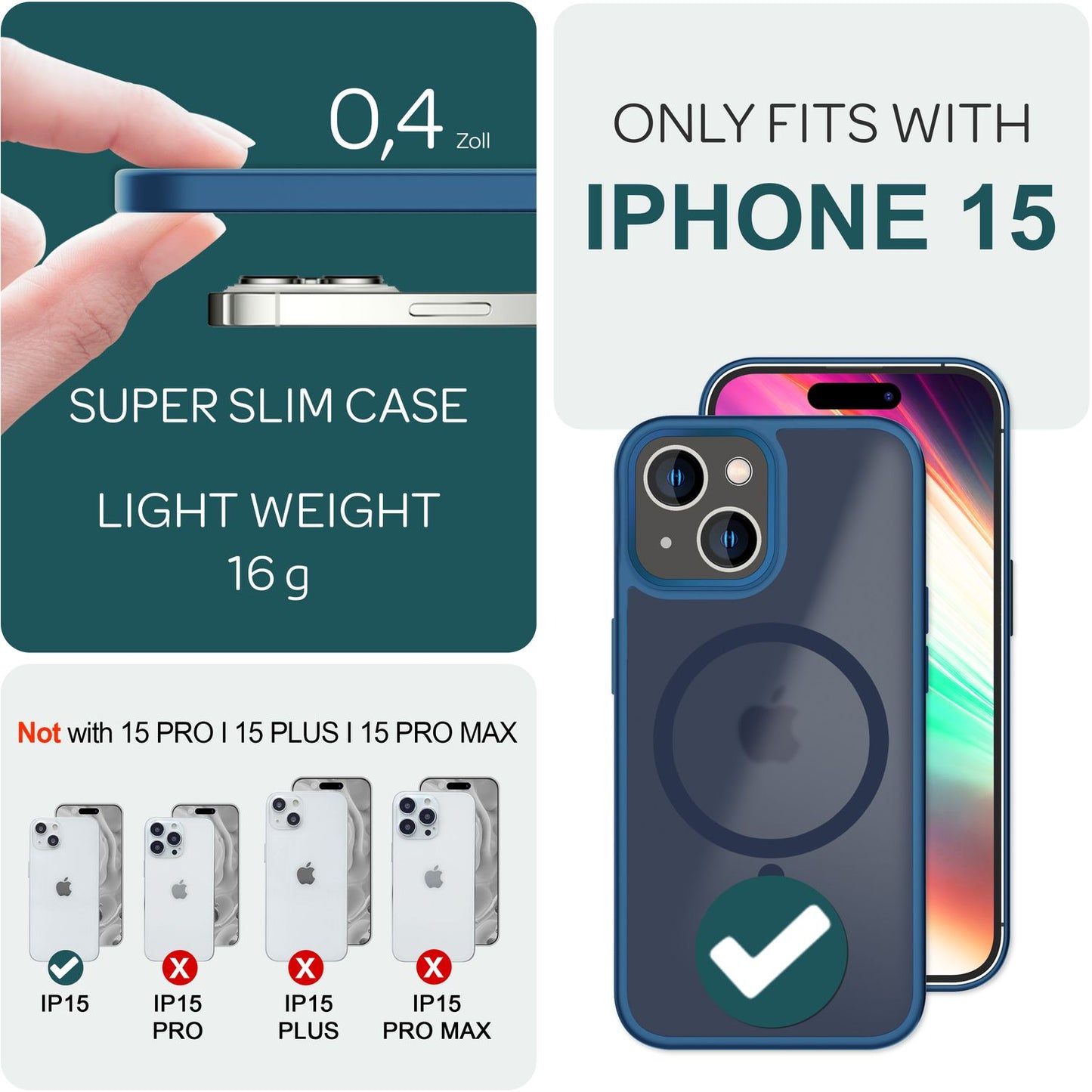 MagSafe Hybrid hulstur fyrir iPhone 15, hörð hulstur með frosti og verndarbrún, símahulstur með poka