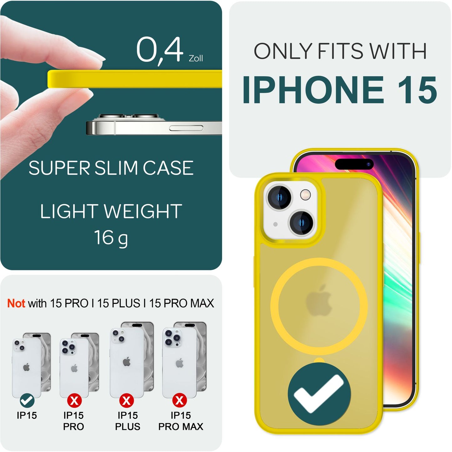 MagSafe Hybrid hulstur fyrir iPhone 15, hörð hulstur með frosti og verndarbrún, símahulstur með poka