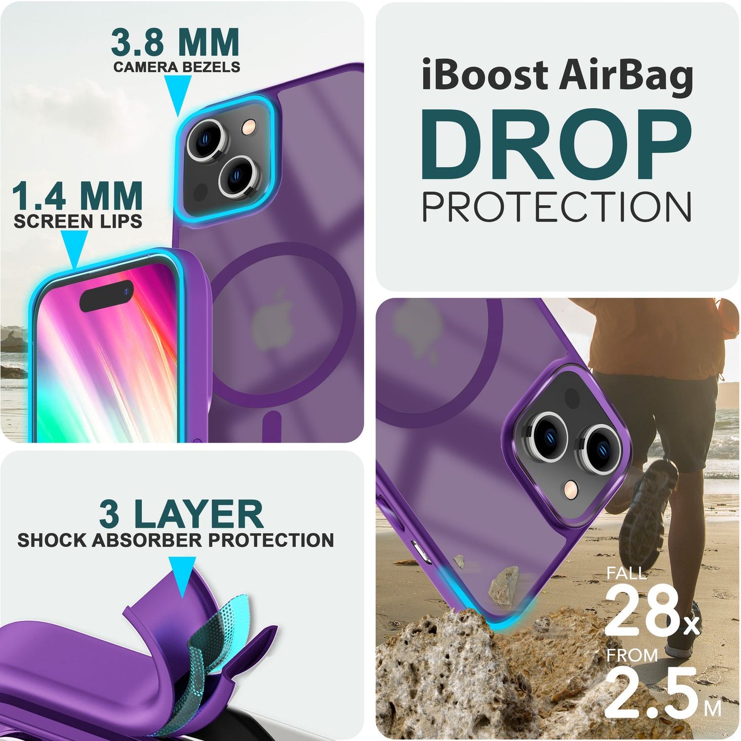 MagSafe Hybrid hulstur fyrir iPhone 15, hörð hulstur með frosti og verndarbrún, símahulstur með poka