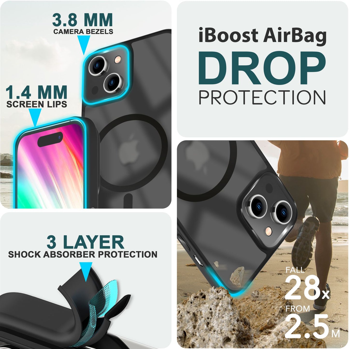 MagSafe Hybrid hulstur fyrir iPhone 15, hörð hulstur með frosti og verndarbrún, símahulstur með poka