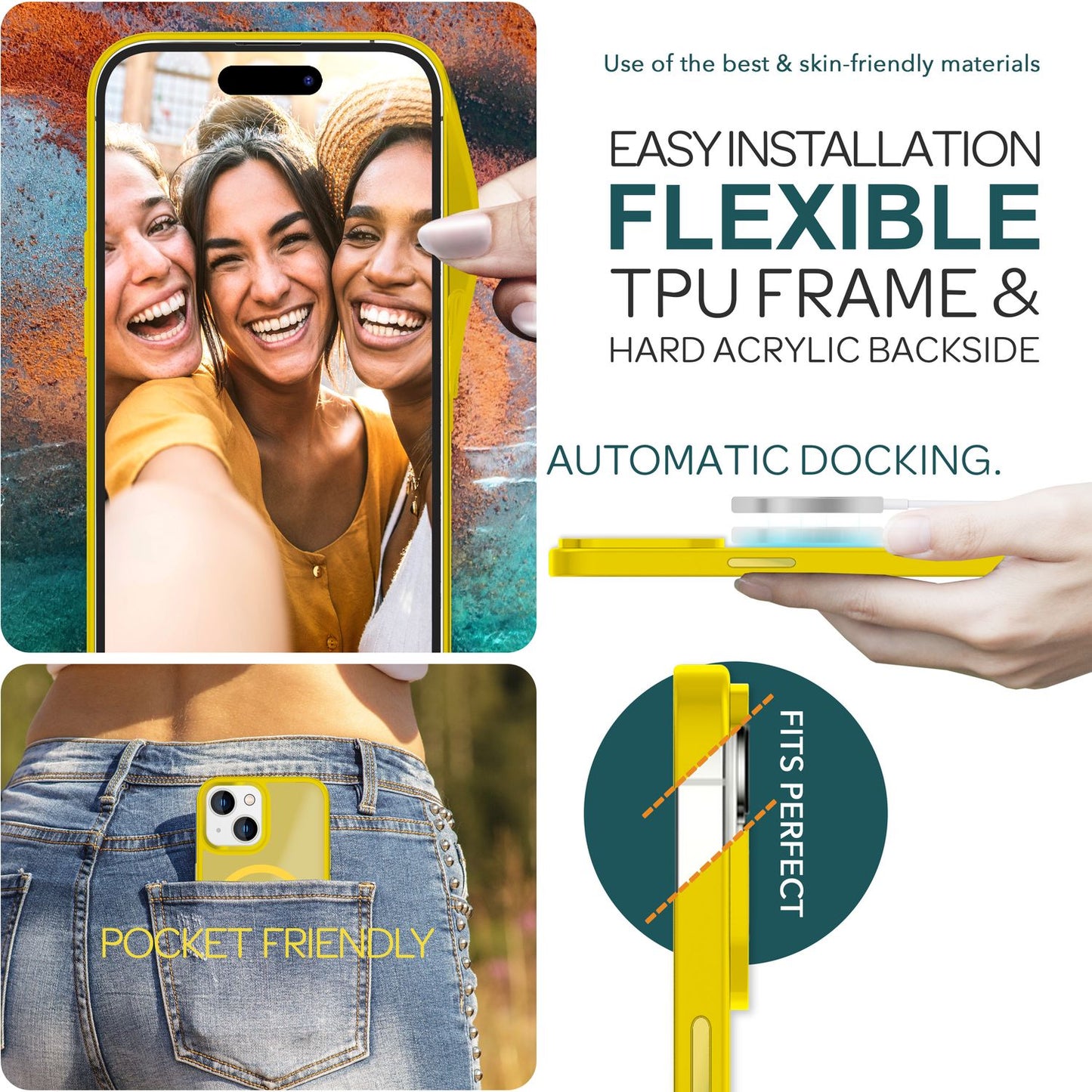 MagSafe Hybrid hulstur fyrir iPhone 15, hörð hulstur með frosti og verndarbrún, símahulstur með poka