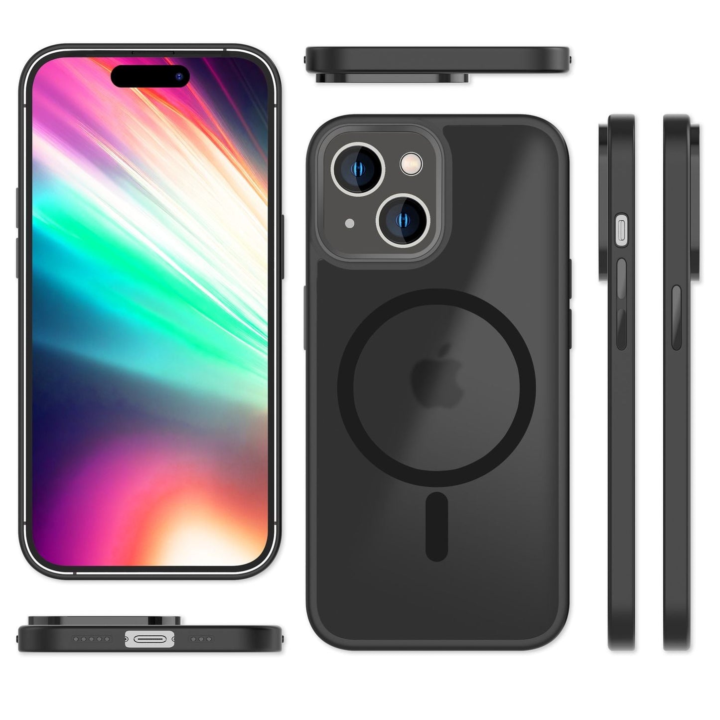 MagSafe Hybrid hulstur fyrir iPhone 15, hörð hulstur með frosti og verndarbrún, símahulstur með poka