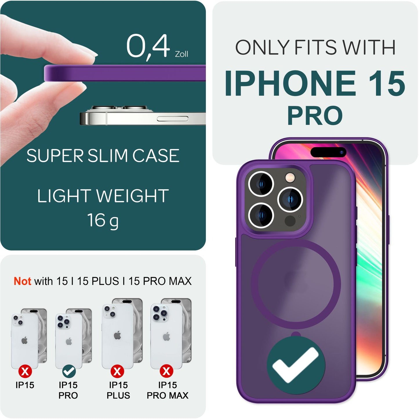 MagSafe Hybrid hulstur fyrir iPhone 15 Pro, hörð hulstur með frosti og verndarbrún.