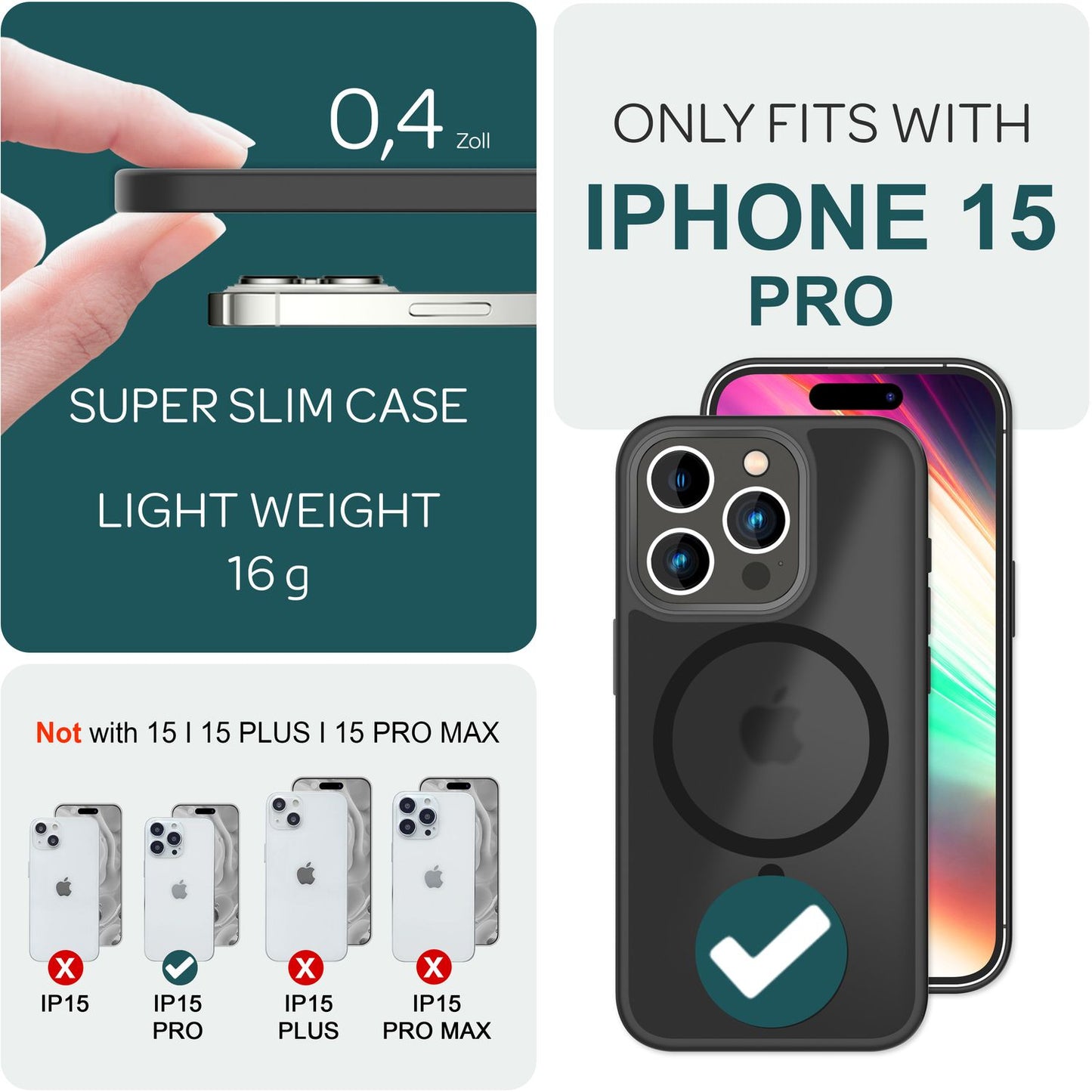 MagSafe Hybrid hulstur fyrir iPhone 15 Pro, hörð hulstur með frosti og verndarbrún.