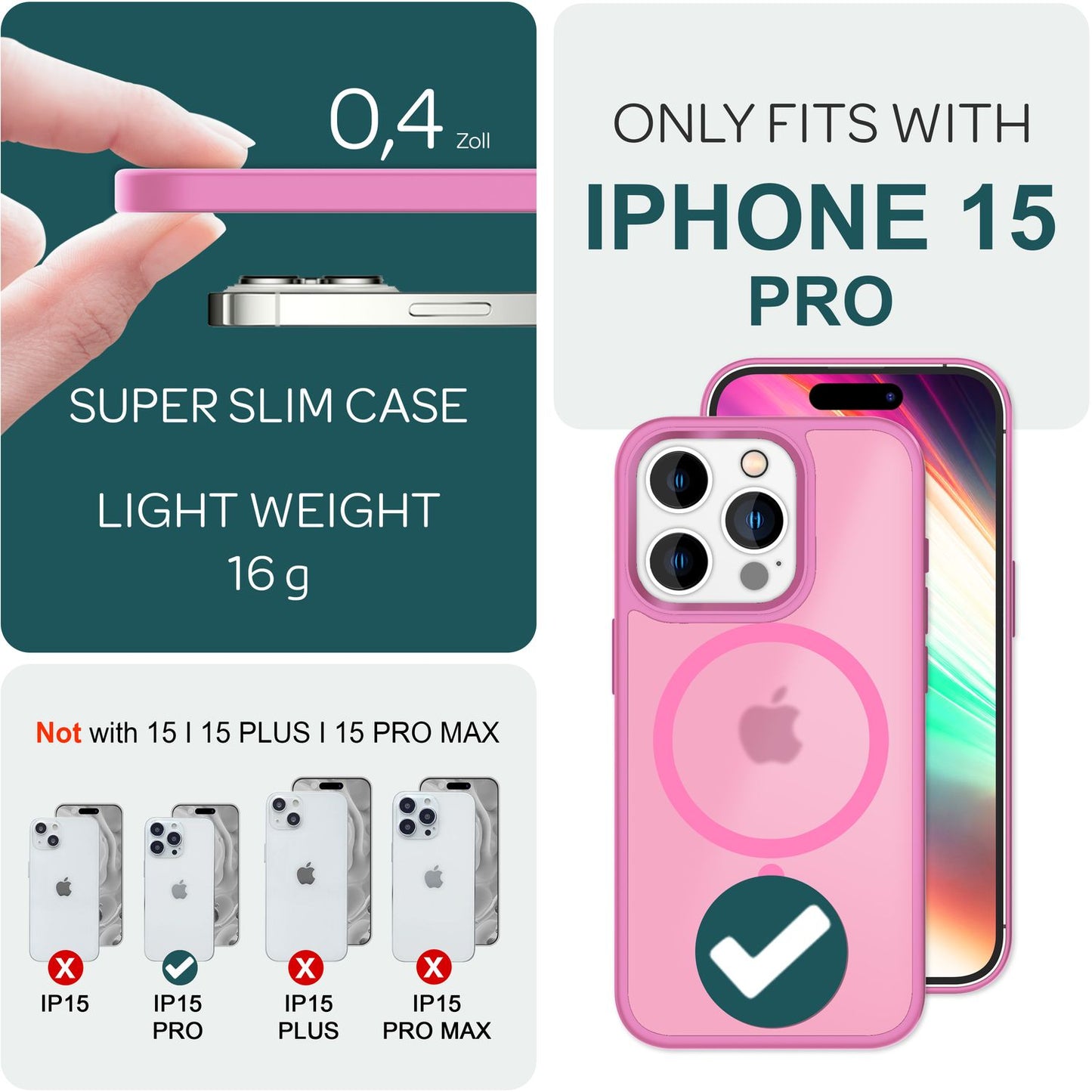 MagSafe Hybrid hulstur fyrir iPhone 15 Pro, hörð hulstur með frosti og verndarbrún.