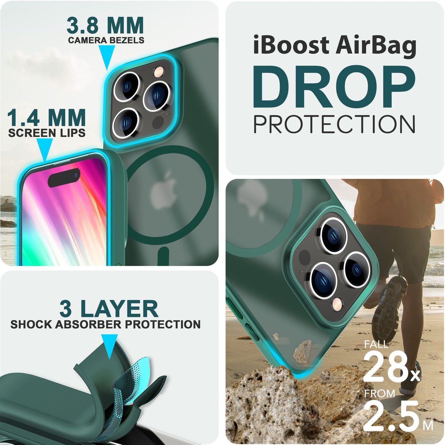 MagSafe Hybrid hulstur fyrir iPhone 15 Pro, hörð hulstur með frosti og verndarbrún.